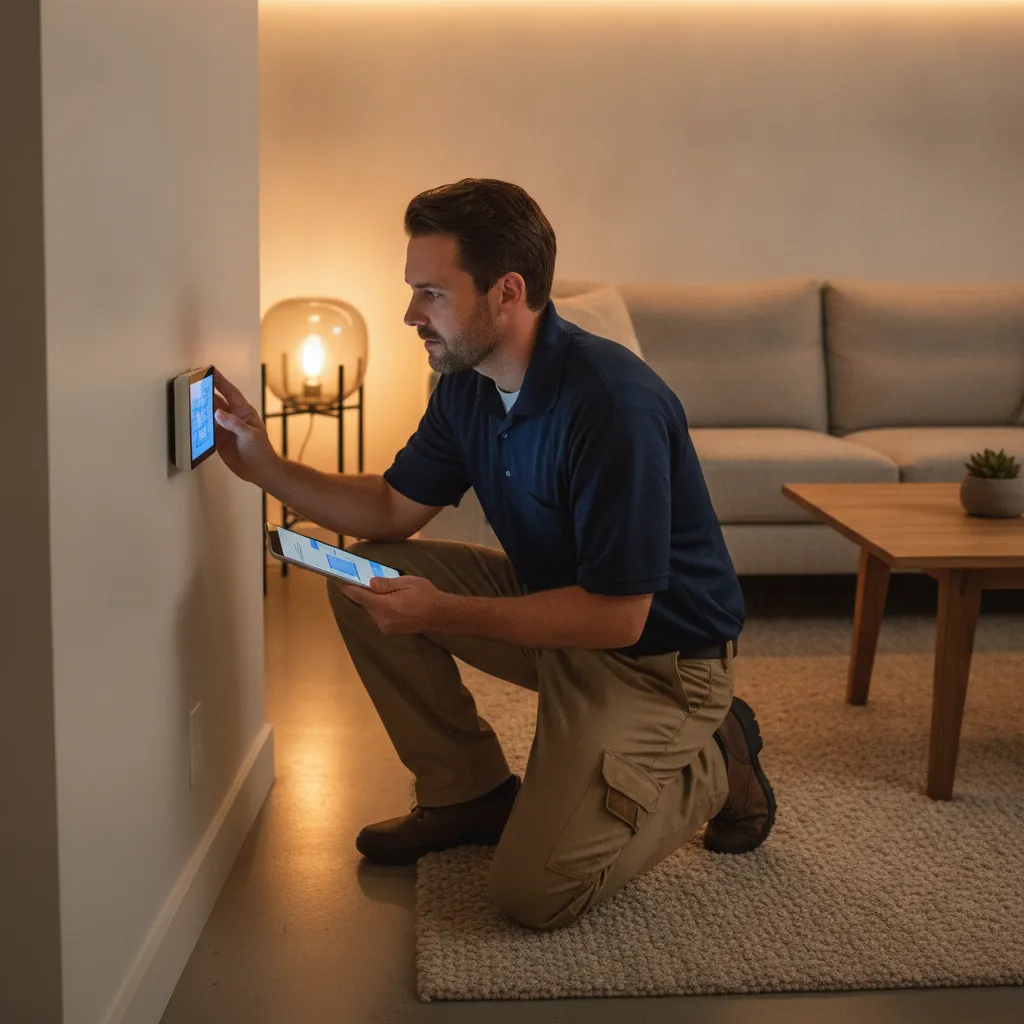 An HVAC contractor reviewing new service-call leads on a tablet inside a home