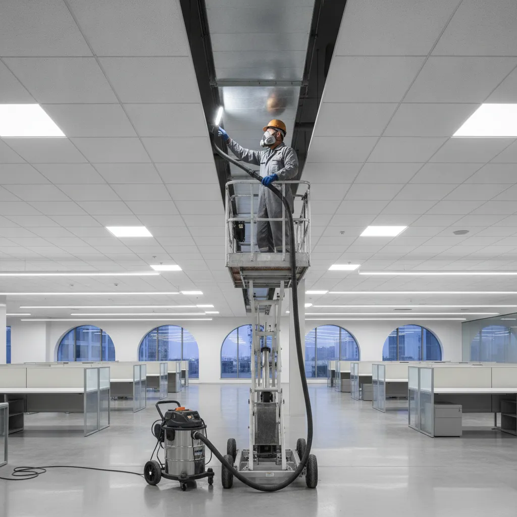 Technician servicing commercial HVAC ductwork in a Dallas building