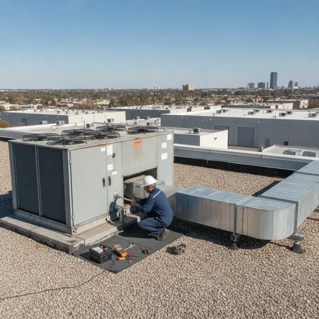 Limpieza de ductos de unidad HVAC de azotea comercial en Dallas, TX